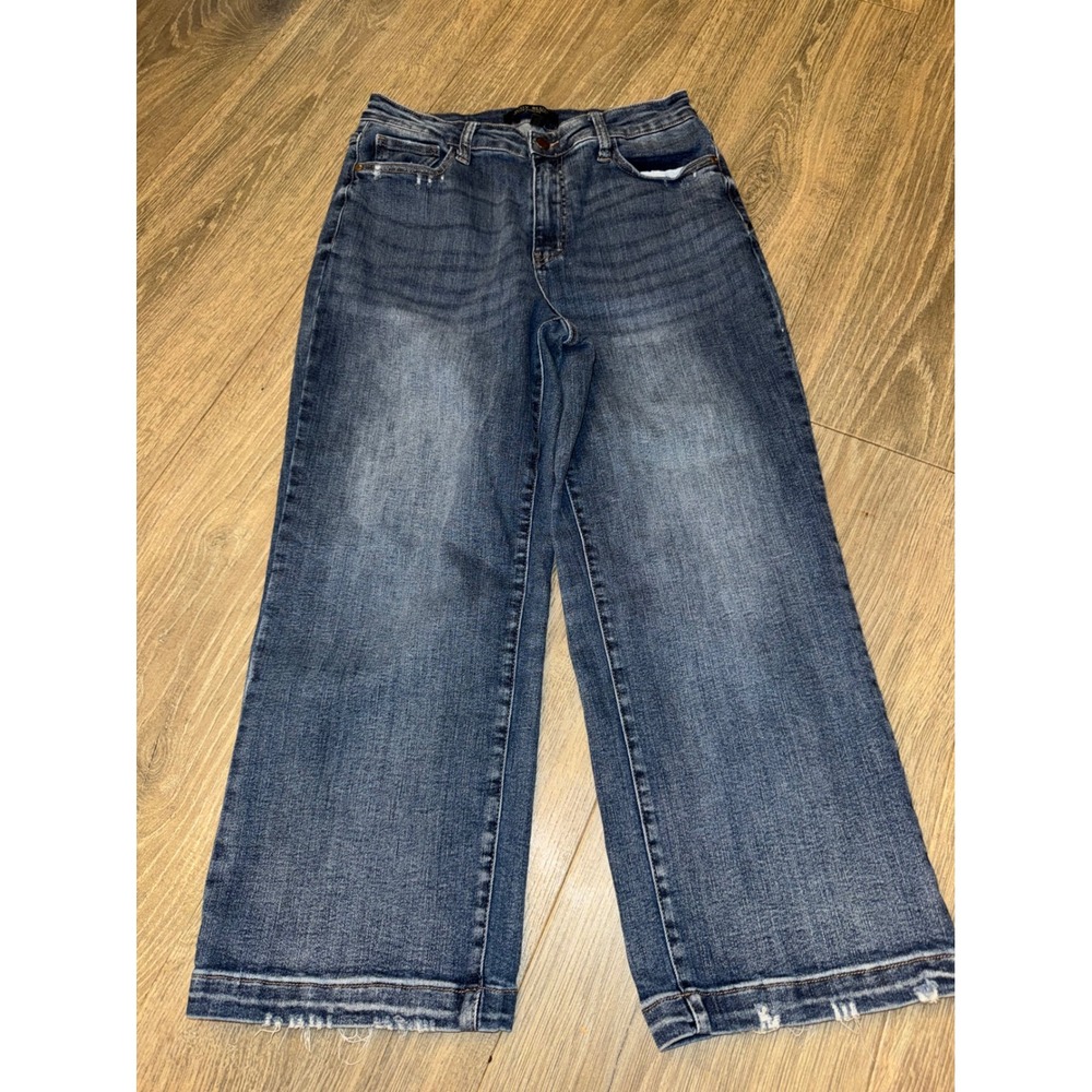 Judy Blue High Waisted Wide Leg Jeans Medium Wash Distressed Raw Hem Size 11/30